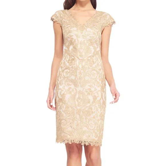 Tadashi Shoji | Dresses | Tadashi Shoji Gold Corded Embroidery On Tulle Cap  Sleeve Dress | Poshmark